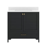 Haven 36" Bathroom Vanity with Sink, Storage Cabinet with Gold Hardware, Soft Close Doors and Bottom Drawer, Carrara Marble Finish Countertop, Black
