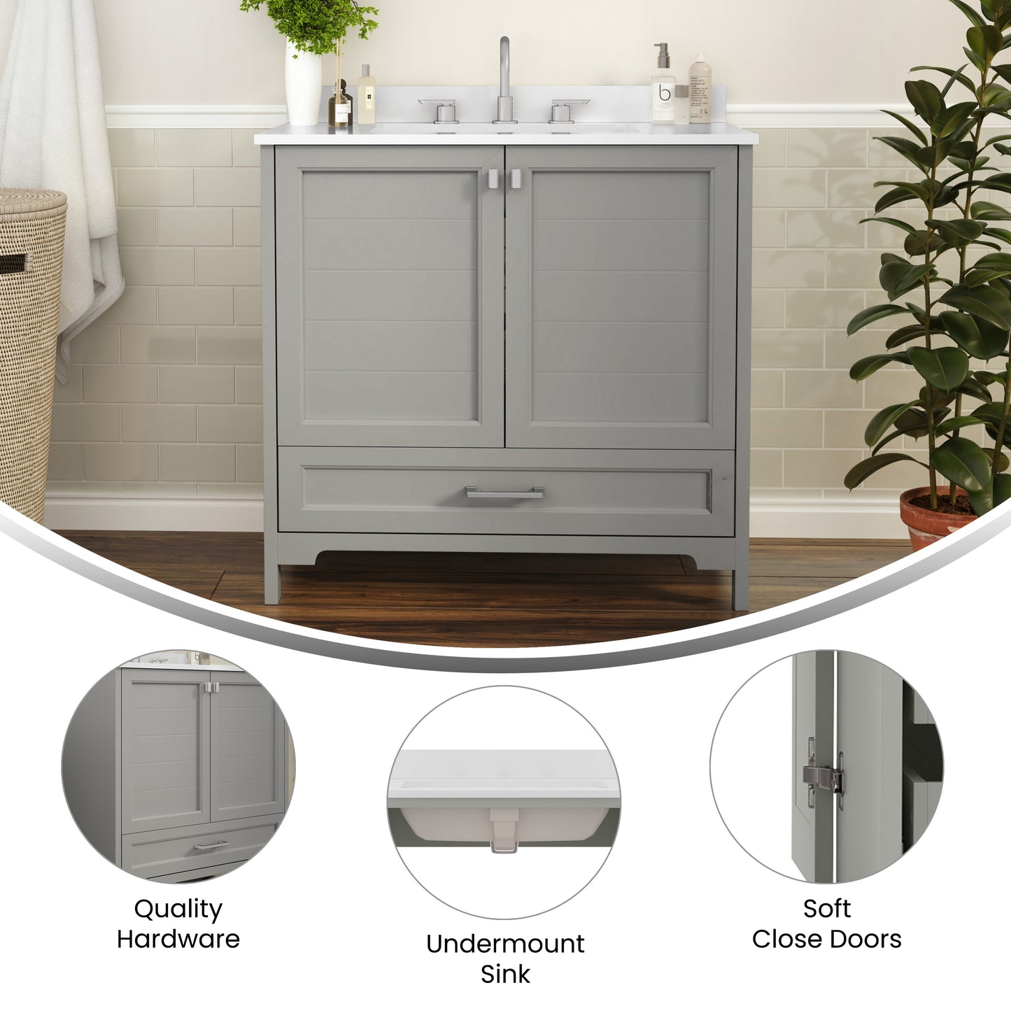 Haven 36 Inch Bathroom Vanity with Sink, Storage Cabinet with Soft Close Doors and Bottom Drawer, Carrara Marble Finish Countertop, Gray