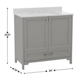 Haven 36 Inch Bathroom Vanity with Sink, Storage Cabinet with Soft Close Doors and Bottom Drawer, Carrara Marble Finish Countertop, Gray