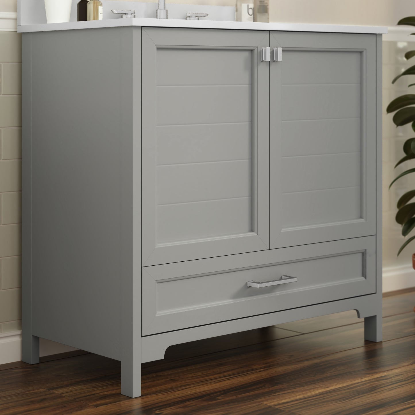 Haven 36 Inch Bathroom Vanity with Sink, Storage Cabinet with Soft Close Doors and Bottom Drawer, Carrara Marble Finish Countertop, Gray
