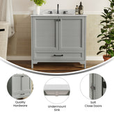 Haven 36" Bathroom Vanity with Sink, Storage Cabinet with Black Hardware, Soft Close Doors and Bottom Drawer, Carrara Marble Finish Countertop, Gray