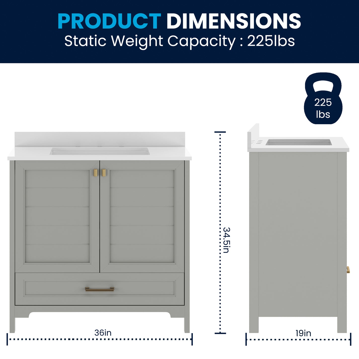 Haven 36" Bathroom Vanity with Sink, Storage Cabinet with Gold Hardware, Soft Close Doors and Bottom Drawer, Carrara Marble Finish Countertop, Gray