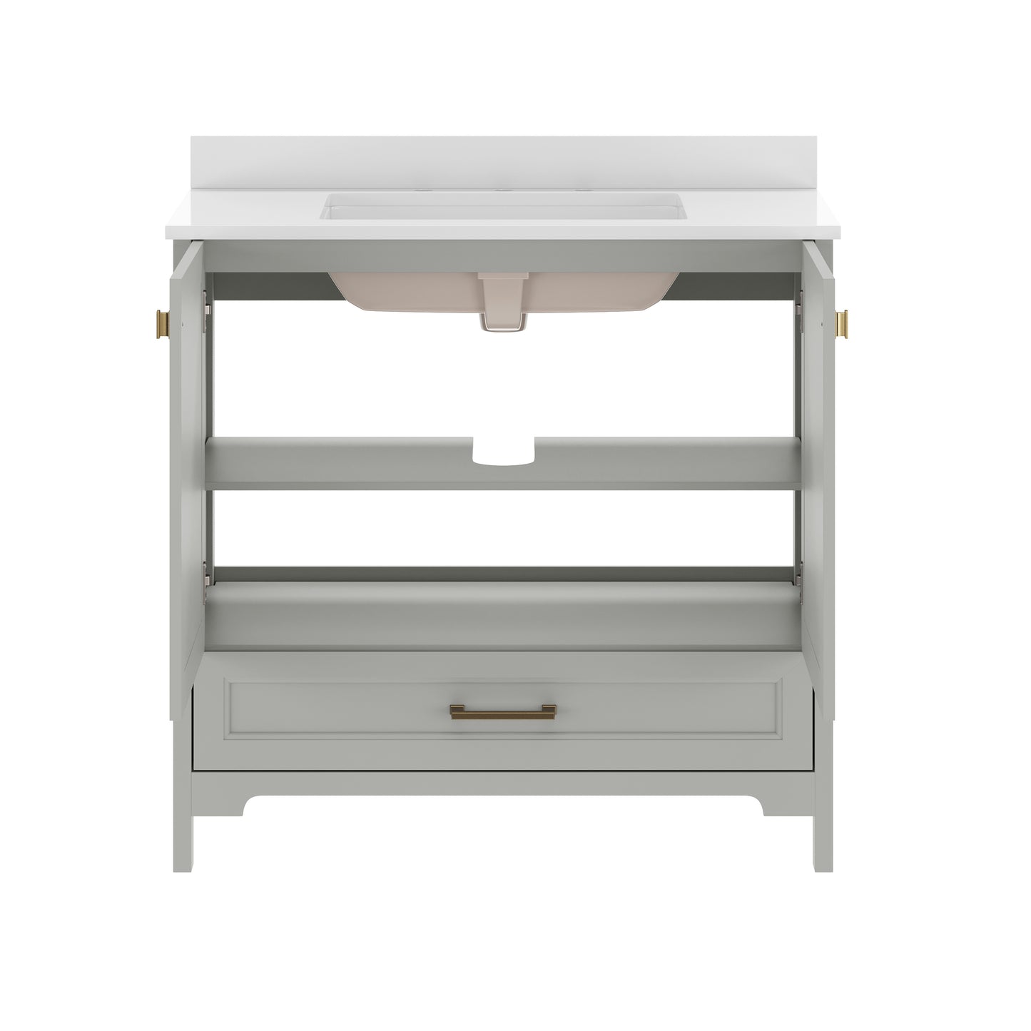 Haven 36" Bathroom Vanity with Sink, Storage Cabinet with Gold Hardware, Soft Close Doors and Bottom Drawer, Carrara Marble Finish Countertop, Gray