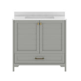 Haven 36" Bathroom Vanity with Sink, Storage Cabinet with Gold Hardware, Soft Close Doors and Bottom Drawer, Carrara Marble Finish Countertop, Gray