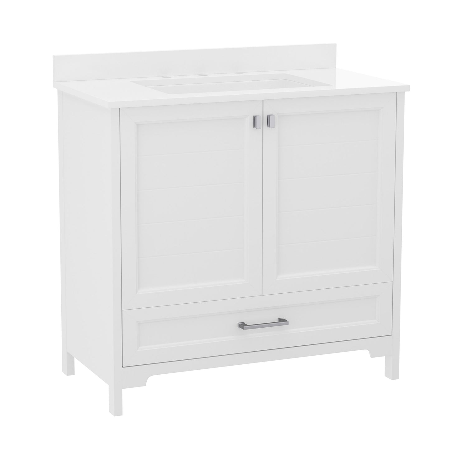 Haven 36 Inch Bathroom Vanity with Sink, Storage Cabinet with Soft Close Doors and Bottom Drawer, Carrara Marble Finish Countertop, White