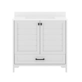Haven 36" Bathroom Vanity with Sink, Storage Cabinet with Black Hardware, Soft Close Doors and Bottom Drawer, Carrara Marble Finish Countertop, White