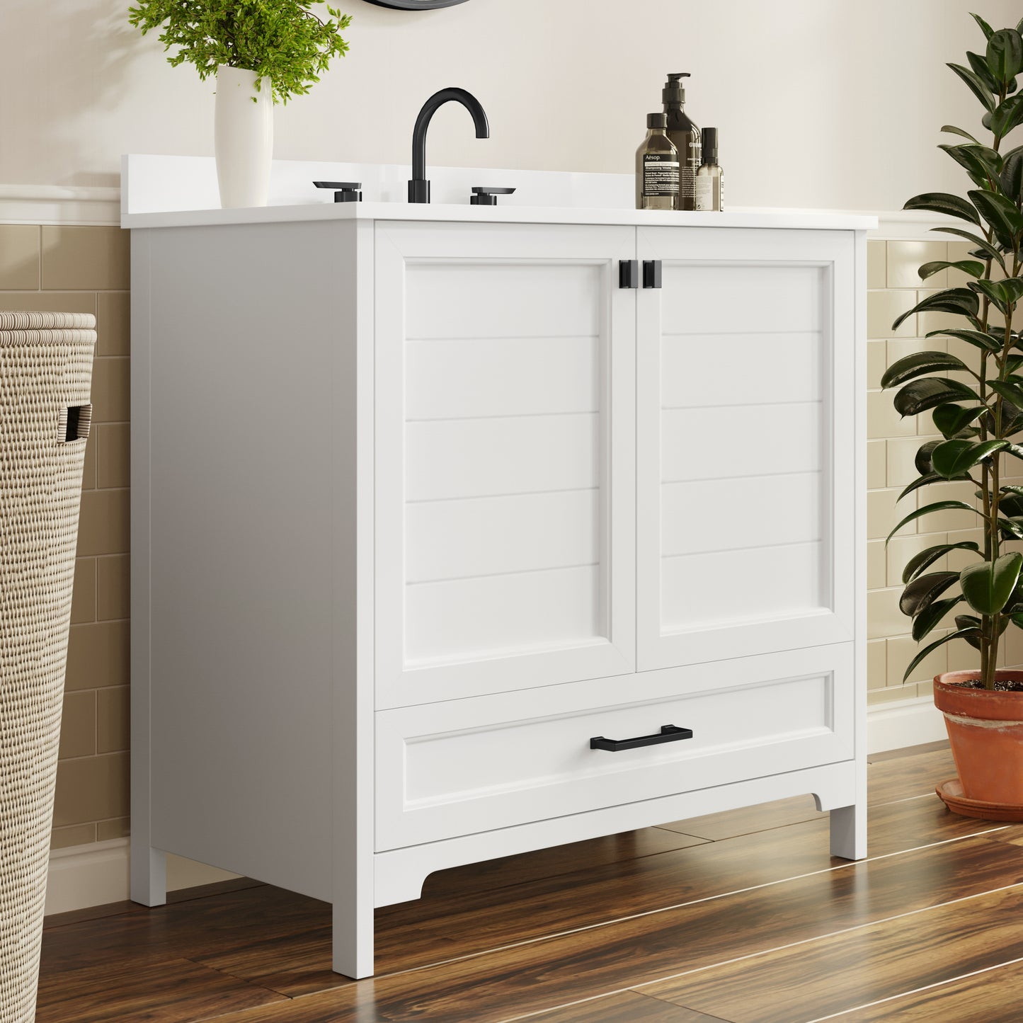 Haven 36" Bathroom Vanity with Sink, Storage Cabinet with Black Hardware, Soft Close Doors and Bottom Drawer, Carrara Marble Finish Countertop, White