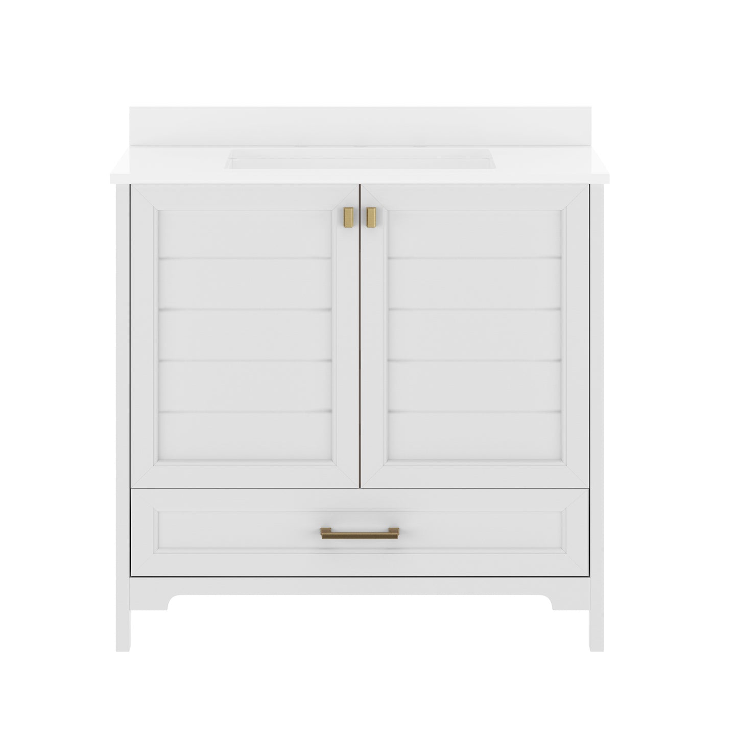 Haven 36" Bathroom Vanity with Sink, Storage Cabinet with Gold Hardware, Soft Close Doors and Bottom Drawer, Carrara Marble Finish Countertop, White