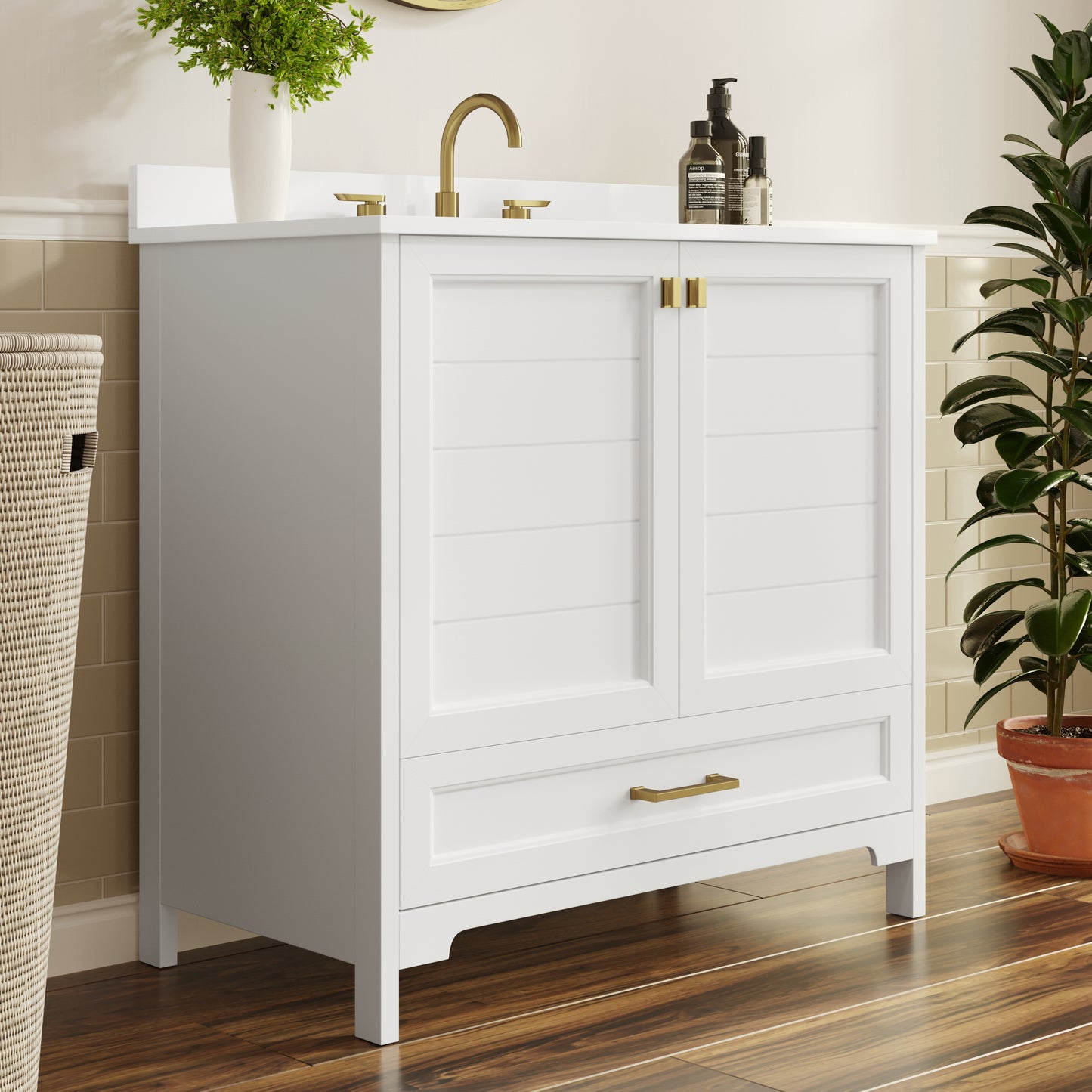 Haven 36" Bathroom Vanity with Sink, Storage Cabinet with Gold Hardware, Soft Close Doors and Bottom Drawer, Carrara Marble Finish Countertop, White