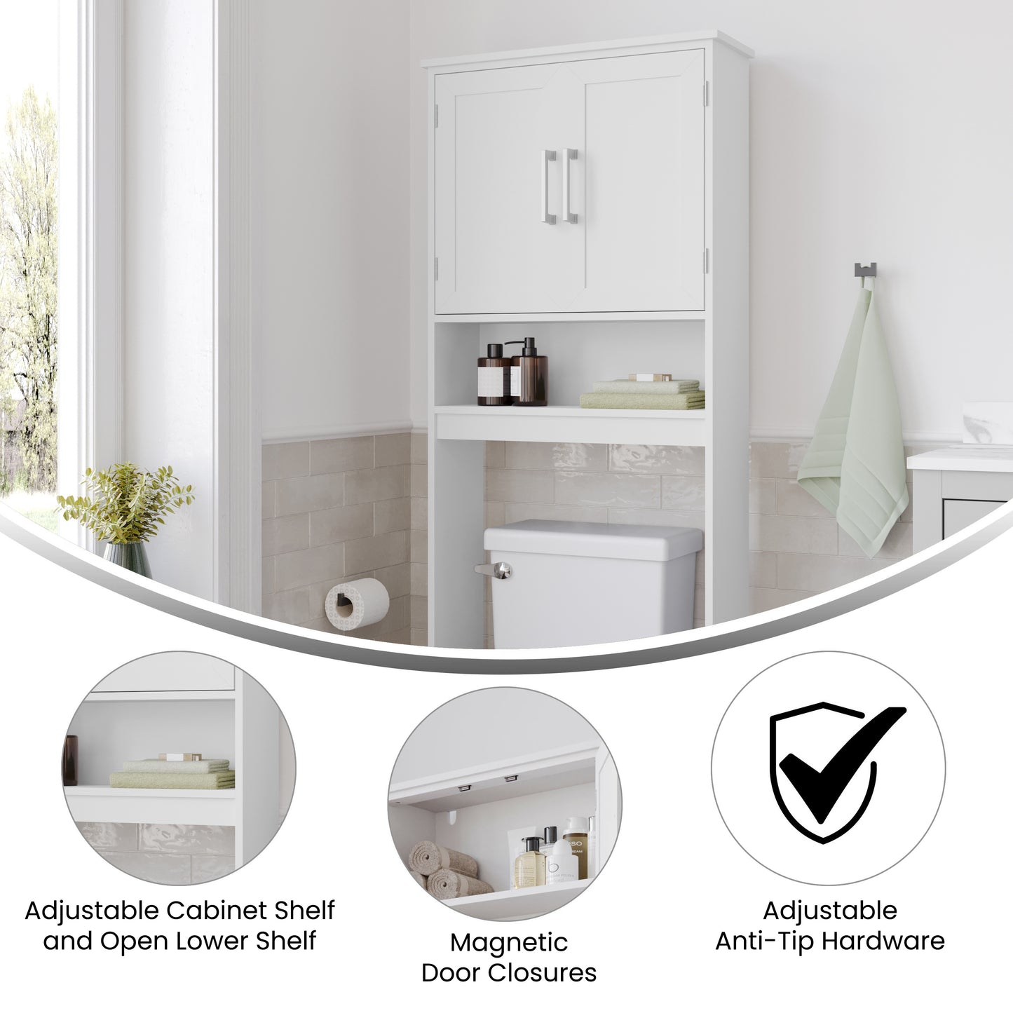 Vega Over the Toilet Bathroom Storage Cabinet Organizer with 2 Magnetic Closure Doors, Adjustable Cabinet Shelf, and Open Lower Shelf in White