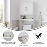 Vega Over the Toilet Bathroom Storage Cabinet Organizer with 2 Magnetic Closure Doors, Adjustable Cabinet Shelf, and Open Lower Shelf in White