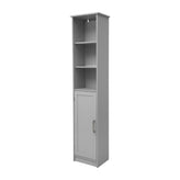 Vega Freestanding Linen Tower Storage Cabinet with Magnetic Close Door, In-Cabinet Adjustable Shelf, and 3 Upper Open Shelves in Gray