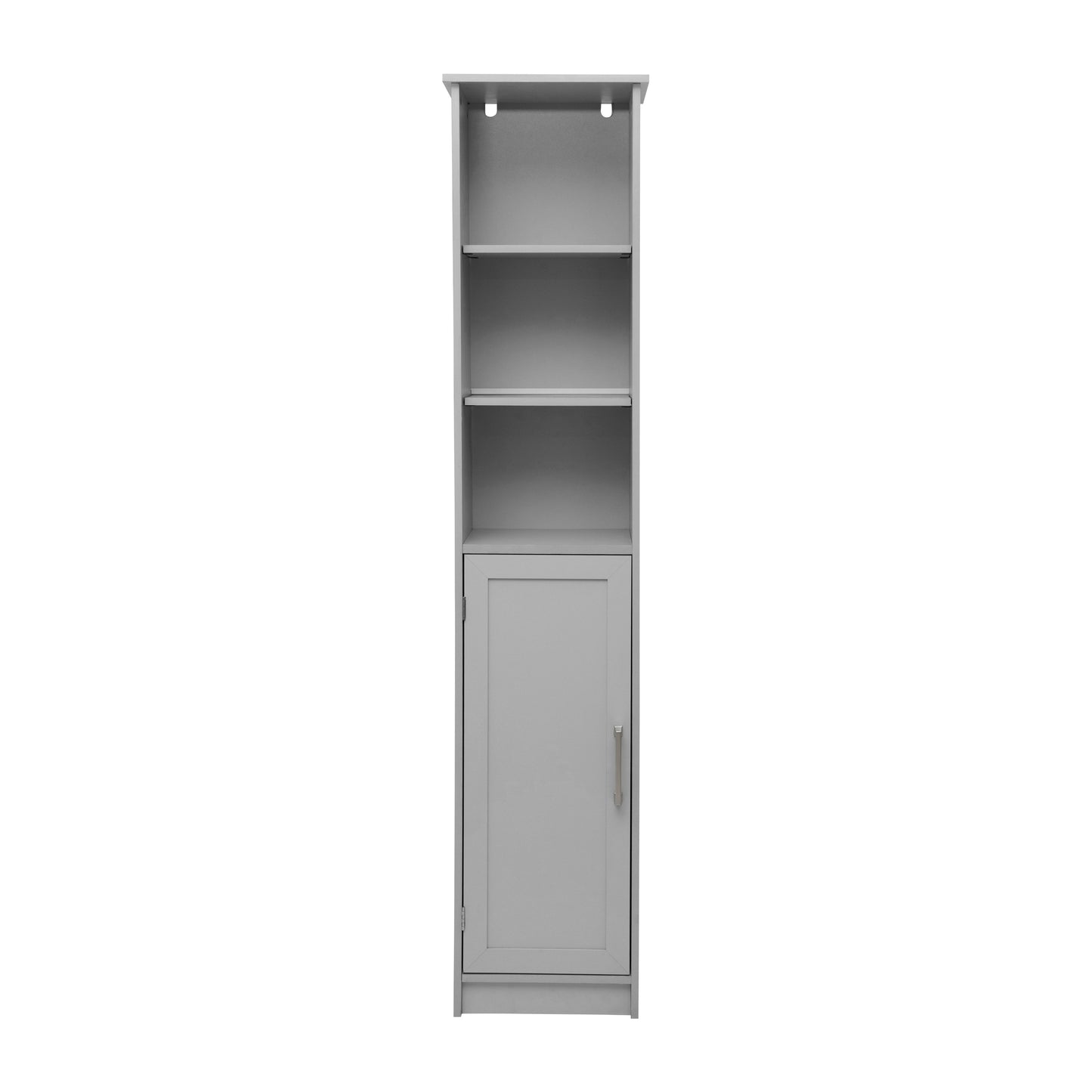 Vega Freestanding Linen Tower Storage Cabinet with Magnetic Close Door, In-Cabinet Adjustable Shelf, and 3 Upper Open Shelves in Gray