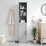Vega Freestanding Linen Tower Storage Cabinet with Magnetic Close Door, In-Cabinet Adjustable Shelf, and 3 Upper Open Shelves in Gray
