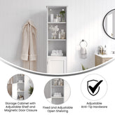 Vega Freestanding Linen Tower Storage Cabinet with Magnetic Close Door, In-Cabinet Adjustable Shelf, and 3 Upper Open Shelves in White