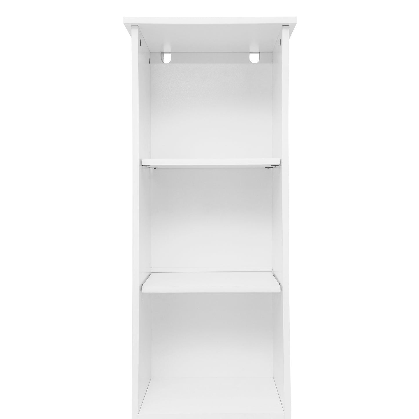 Vega Freestanding Linen Tower Storage Cabinet with Magnetic Close Door, In-Cabinet Adjustable Shelf, and 3 Upper Open Shelves in White