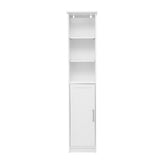 Vega Freestanding Linen Tower Storage Cabinet with Magnetic Close Door, In-Cabinet Adjustable Shelf, and 3 Upper Open Shelves in White