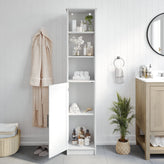Vega Freestanding Linen Tower Storage Cabinet with Magnetic Close Door, In-Cabinet Adjustable Shelf, and 3 Upper Open Shelves in White