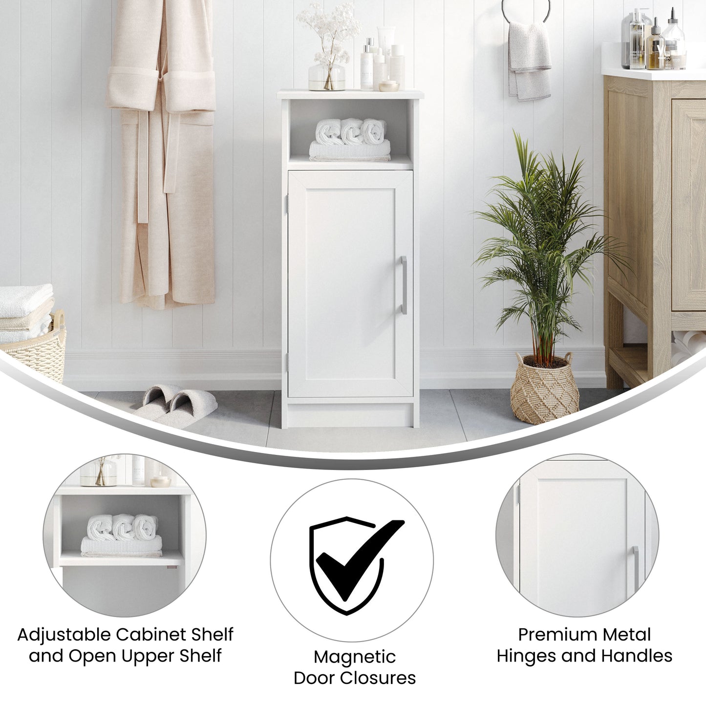 Vega Bathroom Storage Cabinet Organizer with Magnetic Closure Door, In-Cabinet Adjustable Shelf, and Upper Open Shelf in White