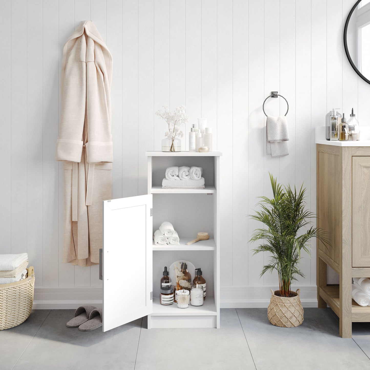 Vega Bathroom Storage Cabinet Organizer with Magnetic Closure Door, In-Cabinet Adjustable Shelf, and Upper Open Shelf in White