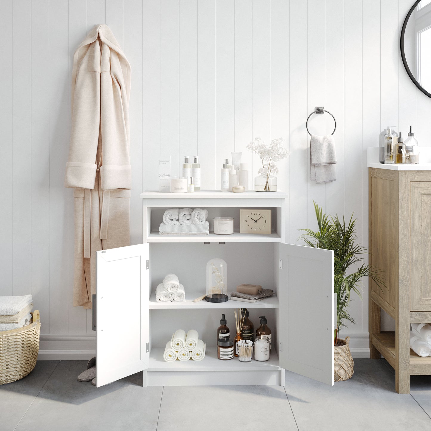 Vega Bathroom Storage Cabinet Organizer with Two Magnetic Closure Doors, In-Cabinet Adjustable Shelf, and Upper Open Shelf in White