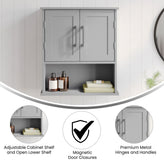 Vega Wall Mounted Bathroom Medicine Cabinet Storage Organizer with Two Magnetic Closure Doors, Adjustable Shelf, and Lower Open Shelf in Gray