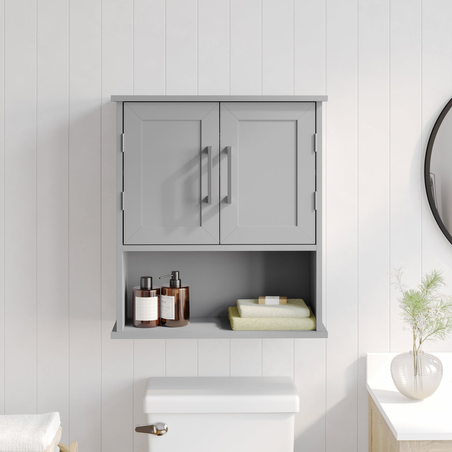 Vega Wall Mounted Bathroom Medicine Cabinet Storage Organizer with Two Magnetic Closure Doors, Adjustable Shelf, and Lower Open Shelf in Gray