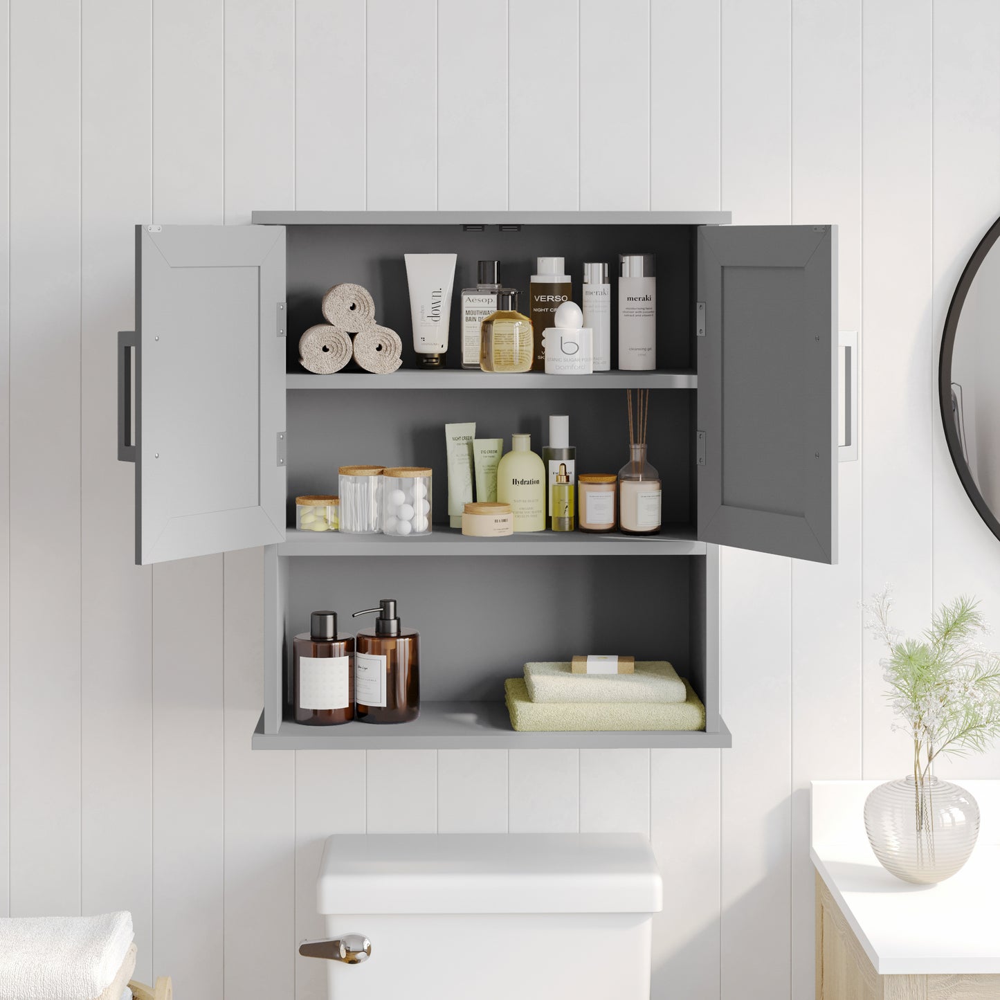 Vega Wall Mounted Bathroom Medicine Cabinet Storage Organizer with Two Magnetic Closure Doors, Adjustable Shelf, and Lower Open Shelf in Gray