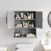 Vega Wall Mounted Bathroom Medicine Cabinet Storage Organizer with Two Magnetic Closure Doors, Adjustable Shelf, and Lower Open Shelf in Gray