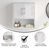 Vega Wall Mounted Bathroom Medicine Cabinet Storage Organizer with Two Magnetic Closure Doors, Adjustable Shelf, and Lower Open Shelf in White