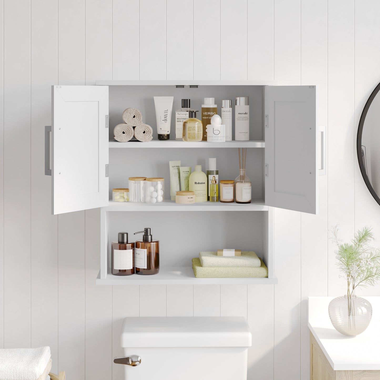 Vega Wall Mounted Bathroom Medicine Cabinet Storage Organizer with Two Magnetic Closure Doors, Adjustable Shelf, and Lower Open Shelf in White