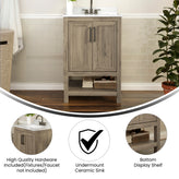 Vega 24 Inch Bathroom Vanity with Sink Combo, Storage Cabinet with Soft Close Doors and Open Shelf, Carrara Marble Finish Countertop, Brown/White