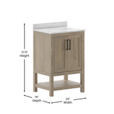 Vega 24 Inch Bathroom Vanity with Sink Combo, Storage Cabinet with Soft Close Doors and Open Shelf, Carrara Marble Finish Countertop, Brown/White
