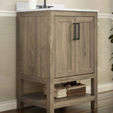 Vega 24 Inch Bathroom Vanity with Sink Combo, Storage Cabinet with Soft Close Doors and Open Shelf, Carrara Marble Finish Countertop, Brown/White