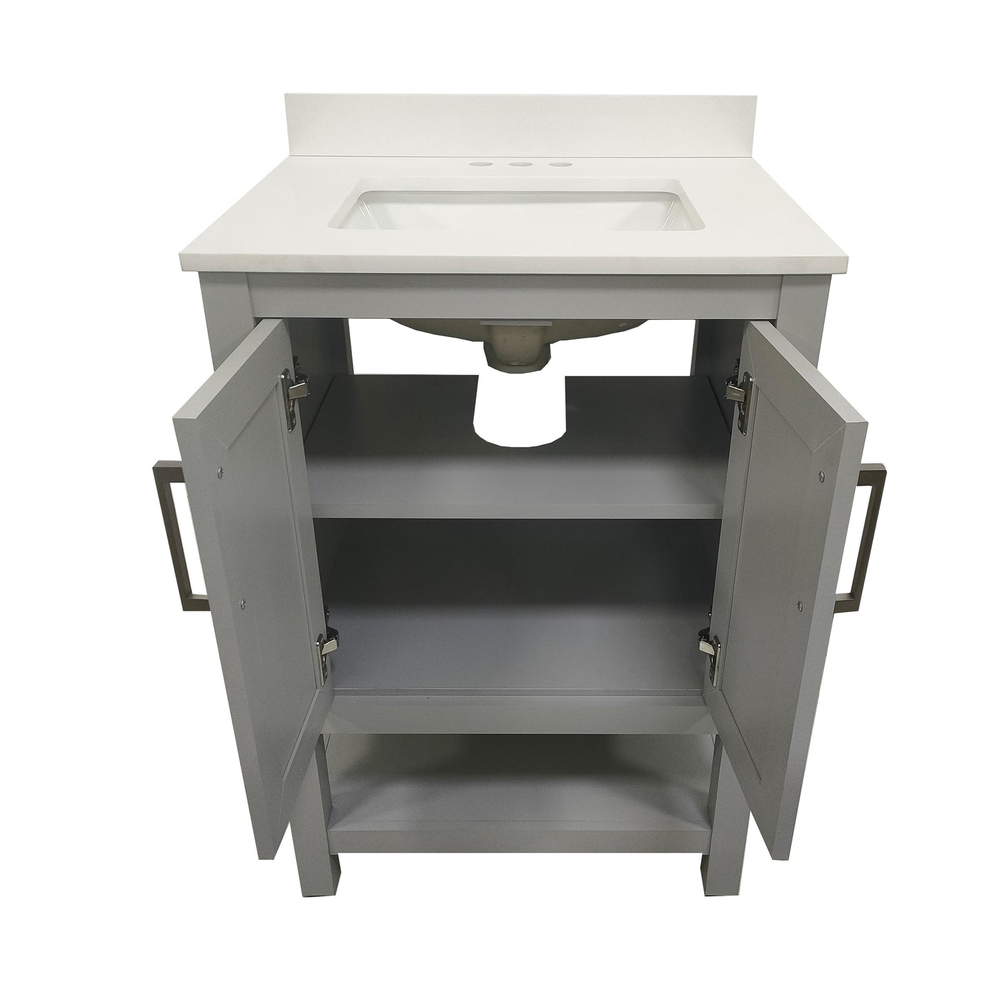 Vega 24 Inch Bathroom Vanity with Sink Combo, Storage Cabinet with Soft Close Doors and Open Shelf, Carrara Marble Finish Countertop, Gray/White