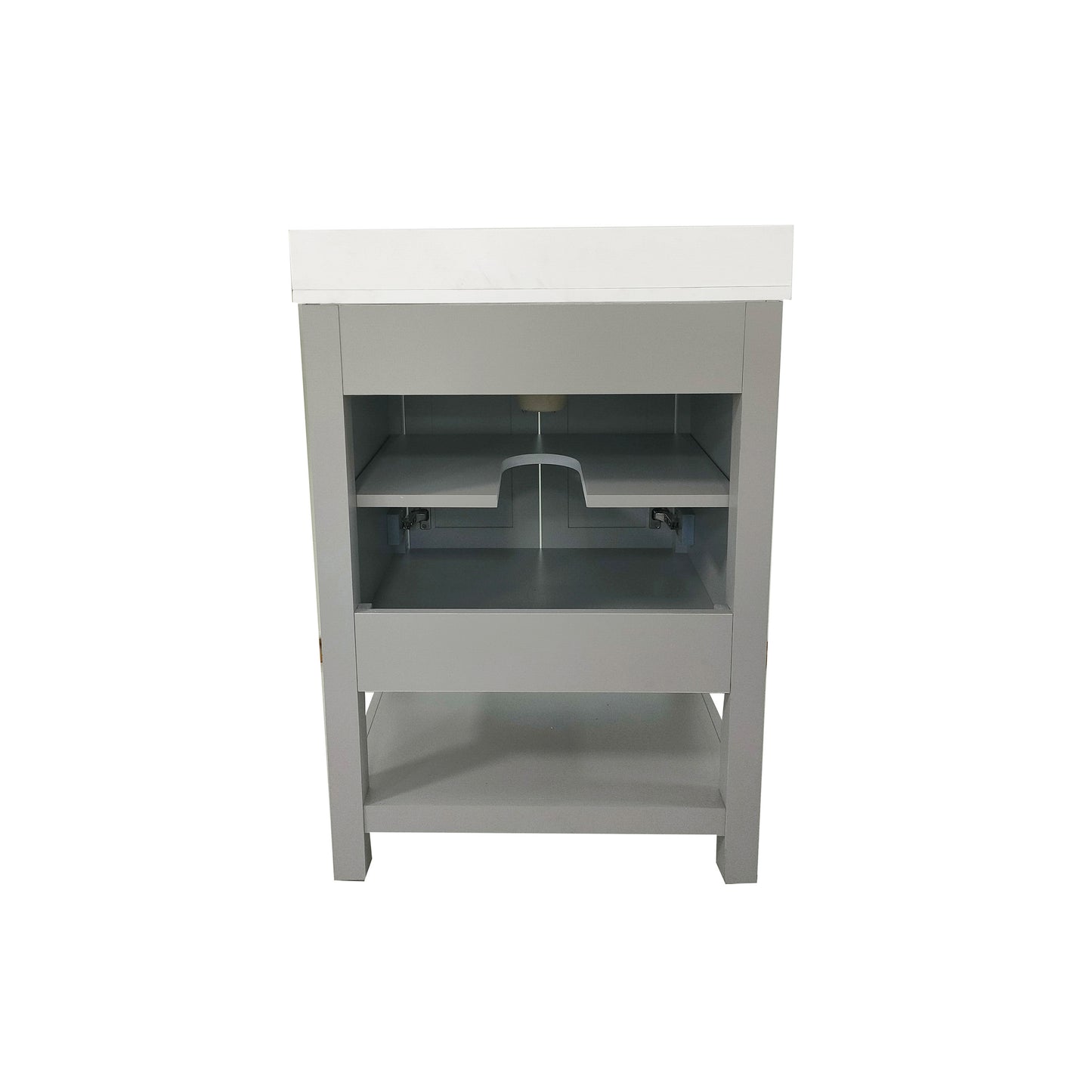 Vega 24" Bathroom Vanity with Sink, Storage Cabinet with Soft Close Doors & Open Shelf, Carrara Marble Finish Counter & Black Hardware, Gray/White
