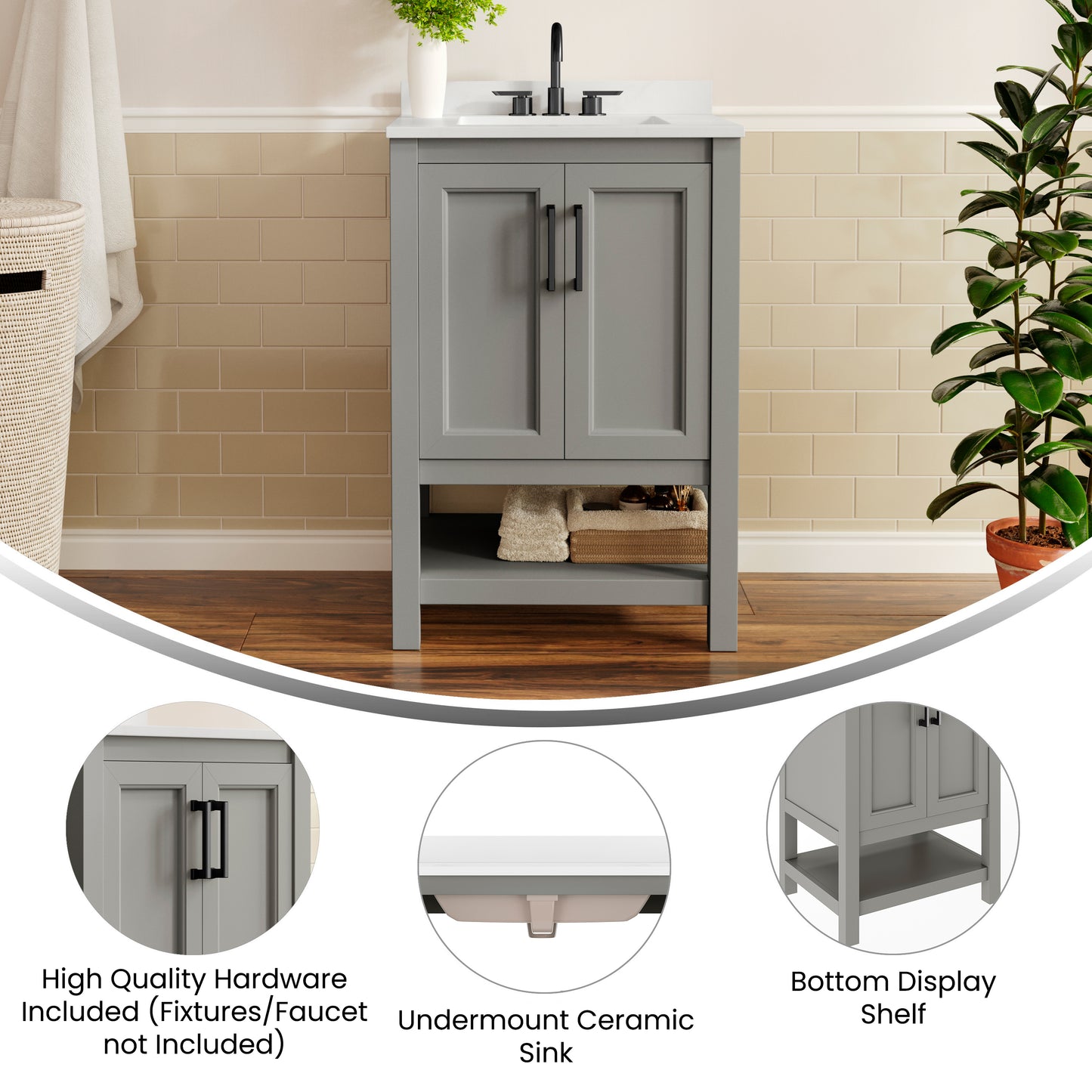 Vega 24" Bathroom Vanity with Sink, Storage Cabinet with Soft Close Doors & Open Shelf, Carrara Marble Finish Counter & Black Hardware, Gray/White