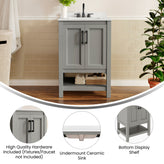 Vega 24" Bathroom Vanity with Sink, Storage Cabinet with Soft Close Doors & Open Shelf, Carrara Marble Finish Counter & Black Hardware, Gray/White