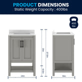 Vega 24" Bathroom Vanity with Sink, Storage Cabinet with Soft Close Doors & Open Shelf, Carrara Marble Finish Counter & Black Hardware, Gray/White