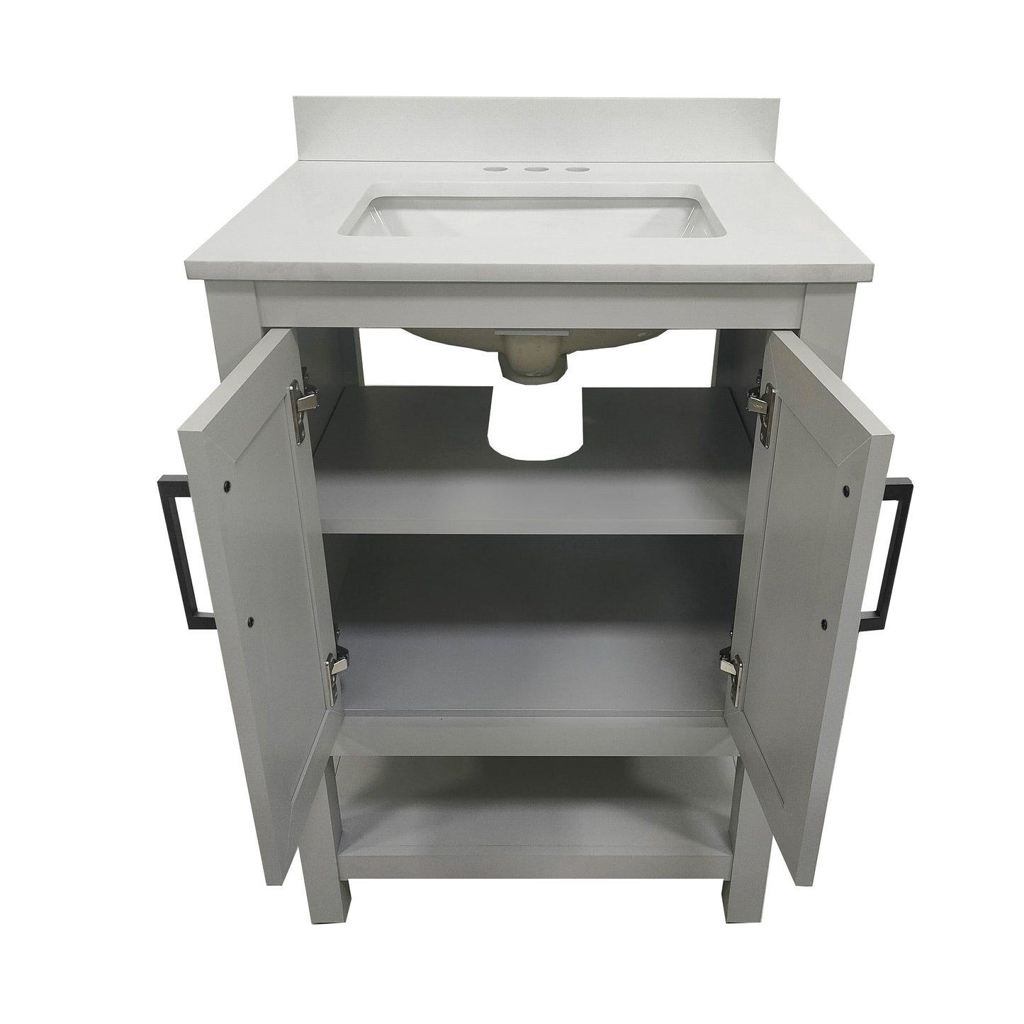 Vega 24" Bathroom Vanity with Sink, Storage Cabinet with Soft Close Doors & Open Shelf, Carrara Marble Finish Counter & Black Hardware, Gray/White