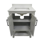 Vega 24" Bathroom Vanity with Sink, Storage Cabinet with Soft Close Doors & Open Shelf, Carrara Marble Finish Counter & Black Hardware, Gray/White