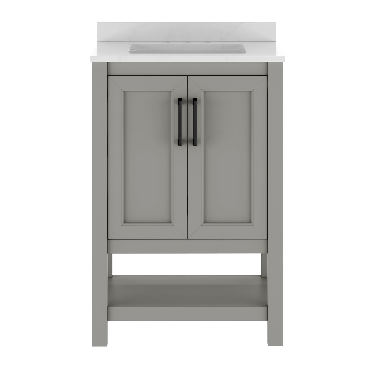 Vega 24" Bathroom Vanity with Sink, Storage Cabinet with Soft Close Doors & Open Shelf, Carrara Marble Finish Counter & Black Hardware, Gray/White