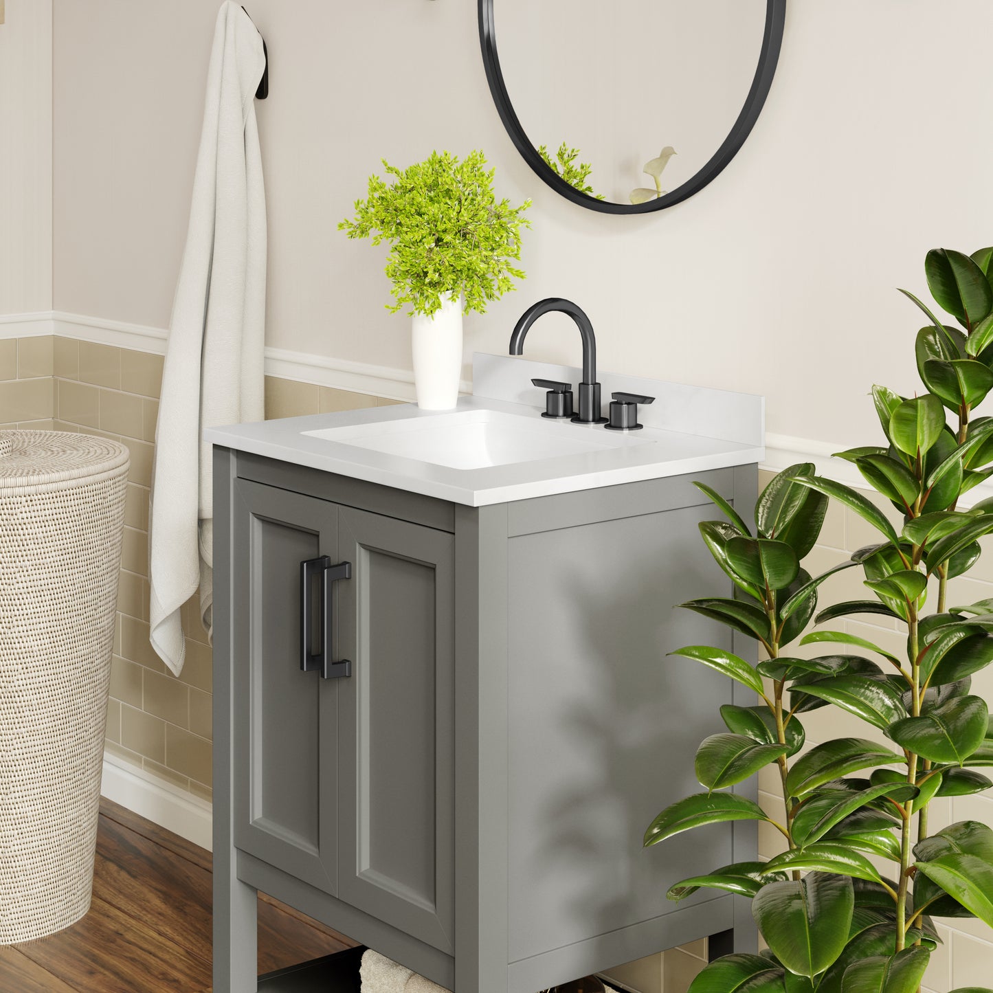 Vega 24" Bathroom Vanity with Sink, Storage Cabinet with Soft Close Doors & Open Shelf, Carrara Marble Finish Counter & Black Hardware, Gray/White