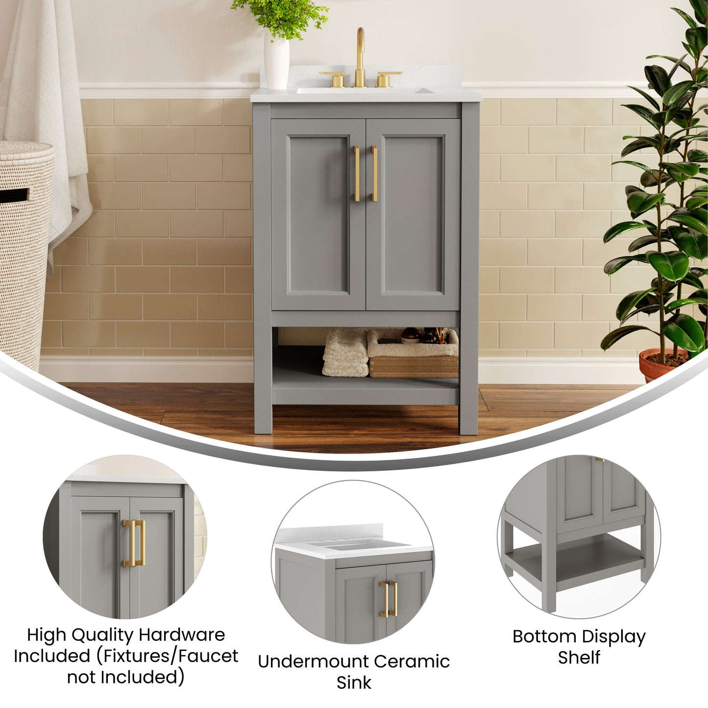 Vega 24" Bathroom Vanity with Sink, Storage Cabinet with Soft Close Doors & Open Shelf, Carrara Marble Finish Counter & Gold Hardware, Gray/White