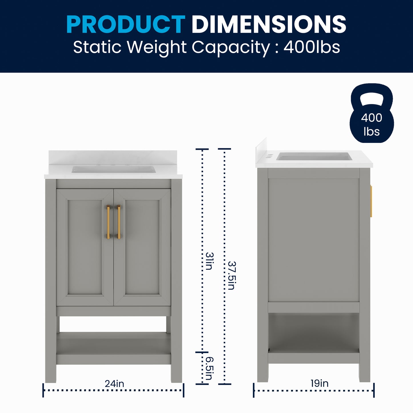 Vega 24" Bathroom Vanity with Sink, Storage Cabinet with Soft Close Doors & Open Shelf, Carrara Marble Finish Counter & Gold Hardware, Gray/White