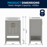 Vega 24" Bathroom Vanity with Sink, Storage Cabinet with Soft Close Doors & Open Shelf, Carrara Marble Finish Counter & Gold Hardware, Gray/White