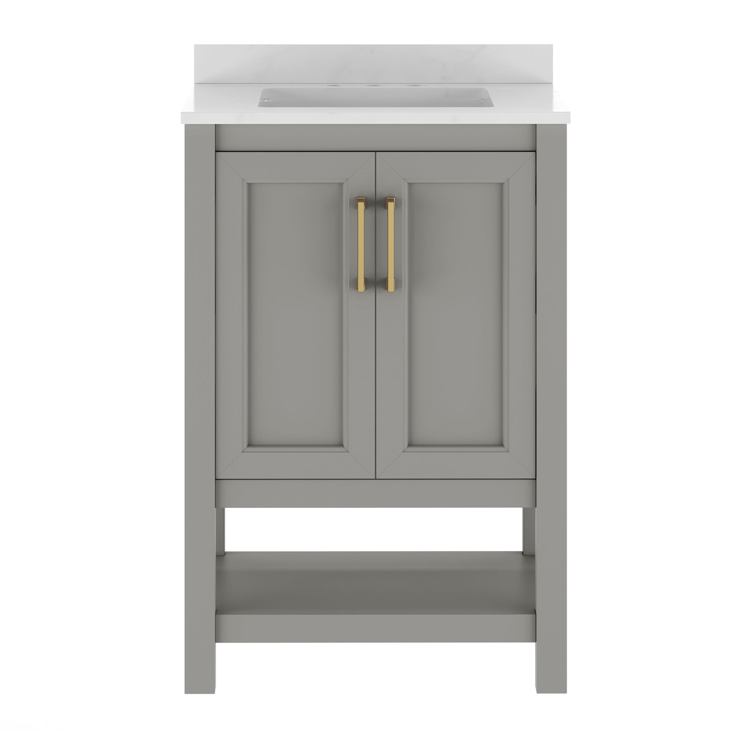 Vega 24" Bathroom Vanity with Sink, Storage Cabinet with Soft Close Doors & Open Shelf, Carrara Marble Finish Counter & Gold Hardware, Gray/White