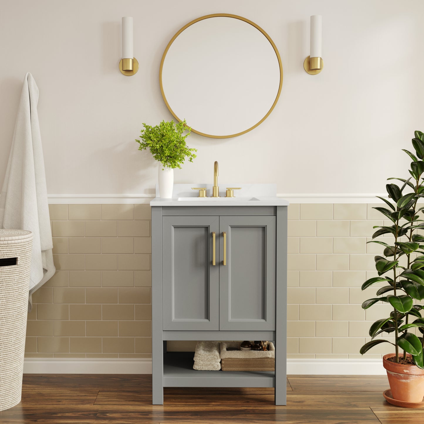 Vega 24" Bathroom Vanity with Sink, Storage Cabinet with Soft Close Doors & Open Shelf, Carrara Marble Finish Counter & Gold Hardware, Gray/White