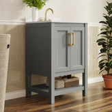 Vega 24" Bathroom Vanity with Sink, Storage Cabinet with Soft Close Doors & Open Shelf, Carrara Marble Finish Counter & Gold Hardware, Gray/White