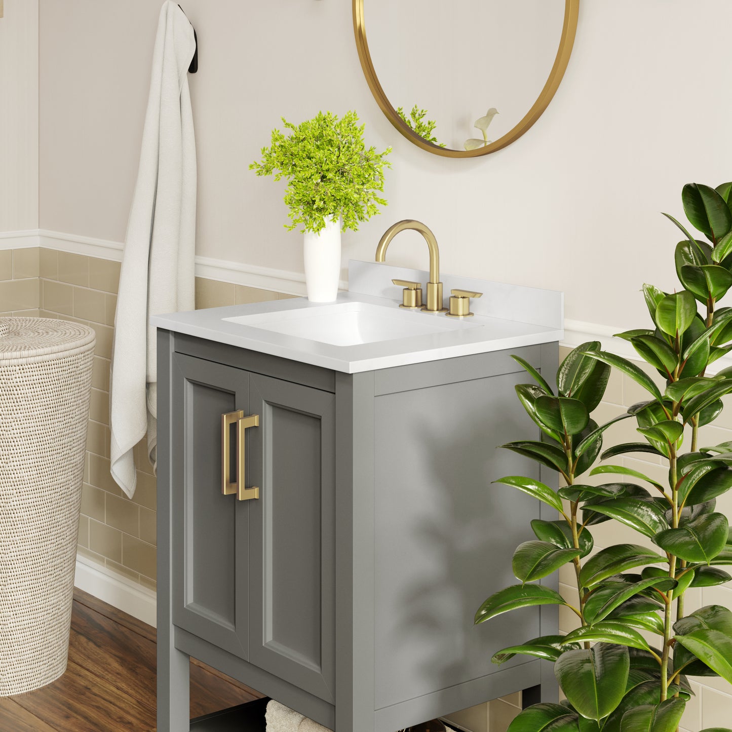 Vega 24" Bathroom Vanity with Sink, Storage Cabinet with Soft Close Doors & Open Shelf, Carrara Marble Finish Counter & Gold Hardware, Gray/White